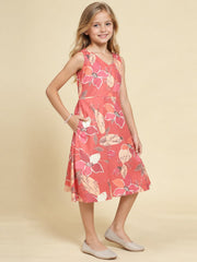 Girls Burgundy Ethnic Motifs Digital Print Fit and Flare Midi Dress