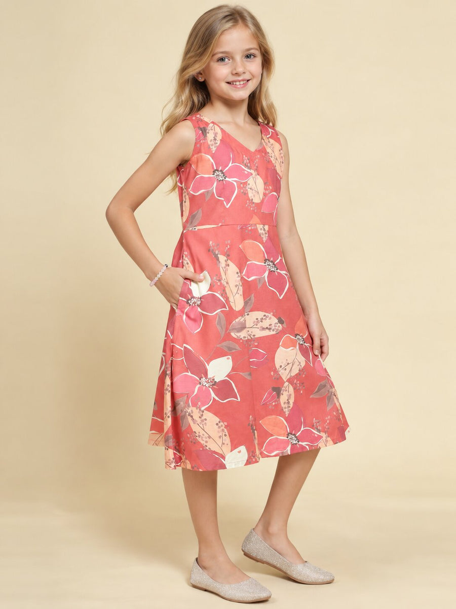 Girls Burgundy Ethnic Motifs Digital Print Fit and Flare Midi Dress