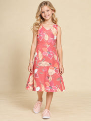 Girls Burgundy Ethnic Motifs Digital Print Fit and Flare Midi Dress