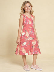 Girls Burgundy Ethnic Motifs Digital Print Fit and Flare Midi Dress