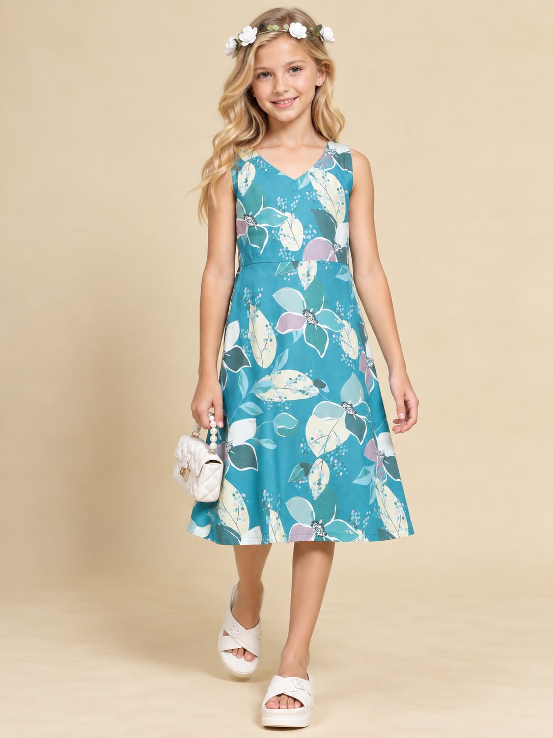 Girls Teal Ethnic Motifs Digital Print Fit and Flare Midi Dress