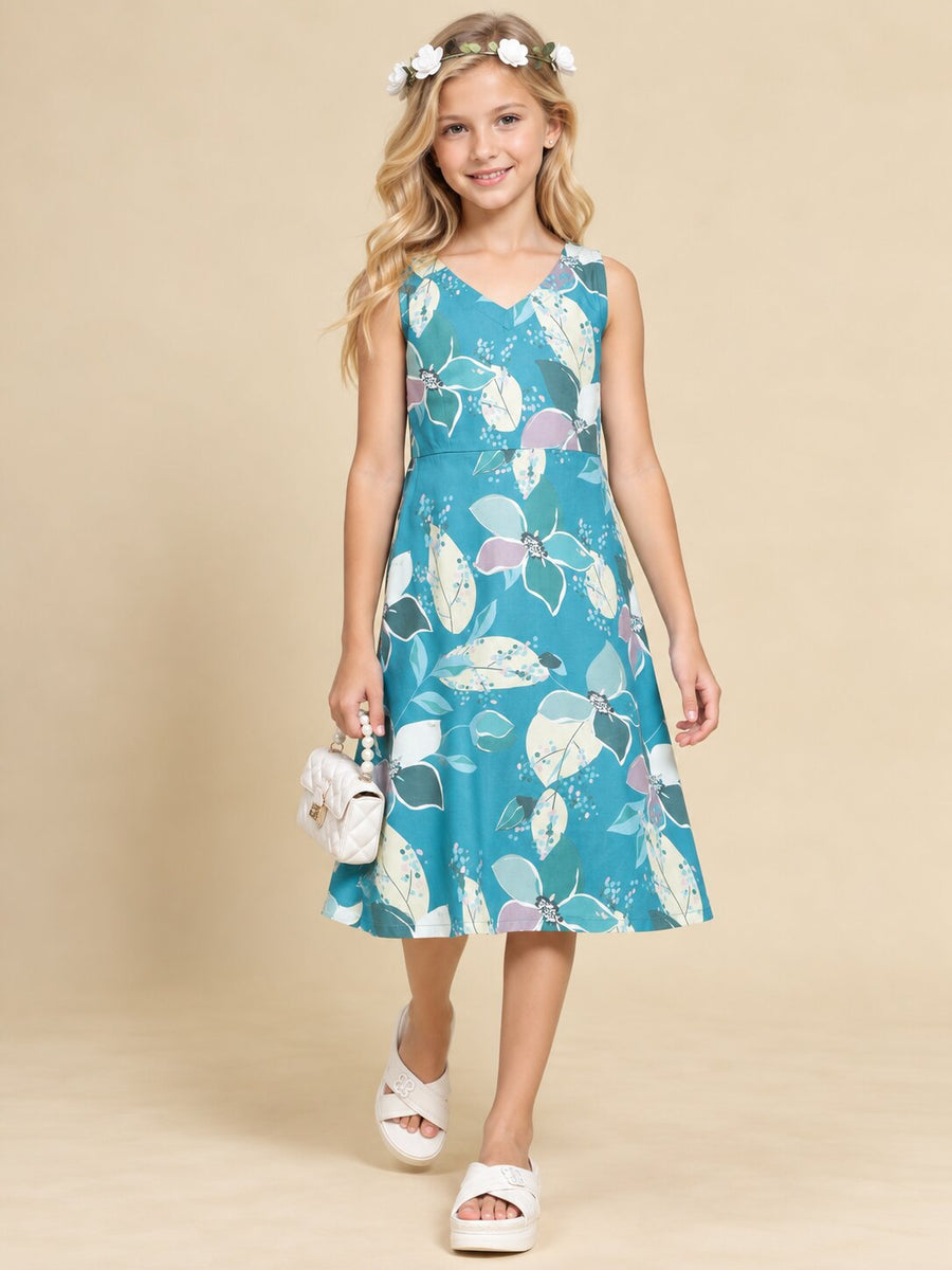 Girls Teal Ethnic Motifs Digital Print Fit and Flare Midi Dress