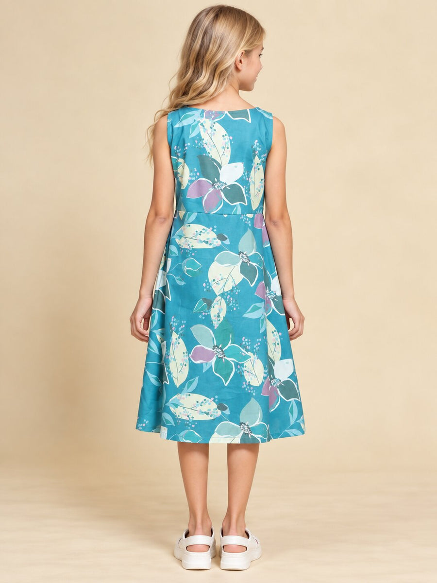 Girls Teal Ethnic Motifs Digital Print Fit and Flare Midi Dress