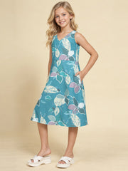 Girls Teal Ethnic Motifs Digital Print Fit and Flare Midi Dress