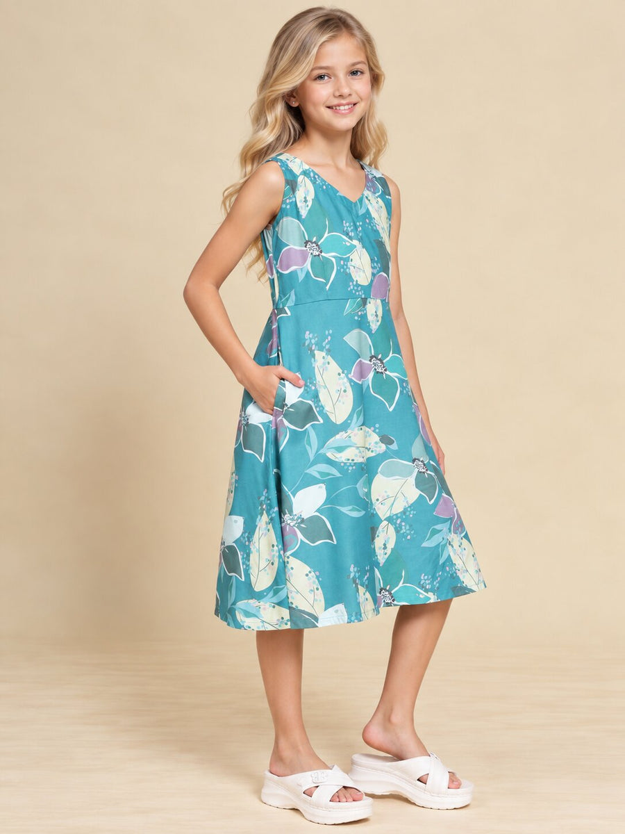 Girls Teal Ethnic Motifs Digital Print Fit and Flare Midi Dress