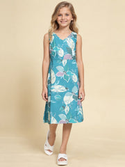 Girls Teal Ethnic Motifs Digital Print Fit and Flare Midi Dress
