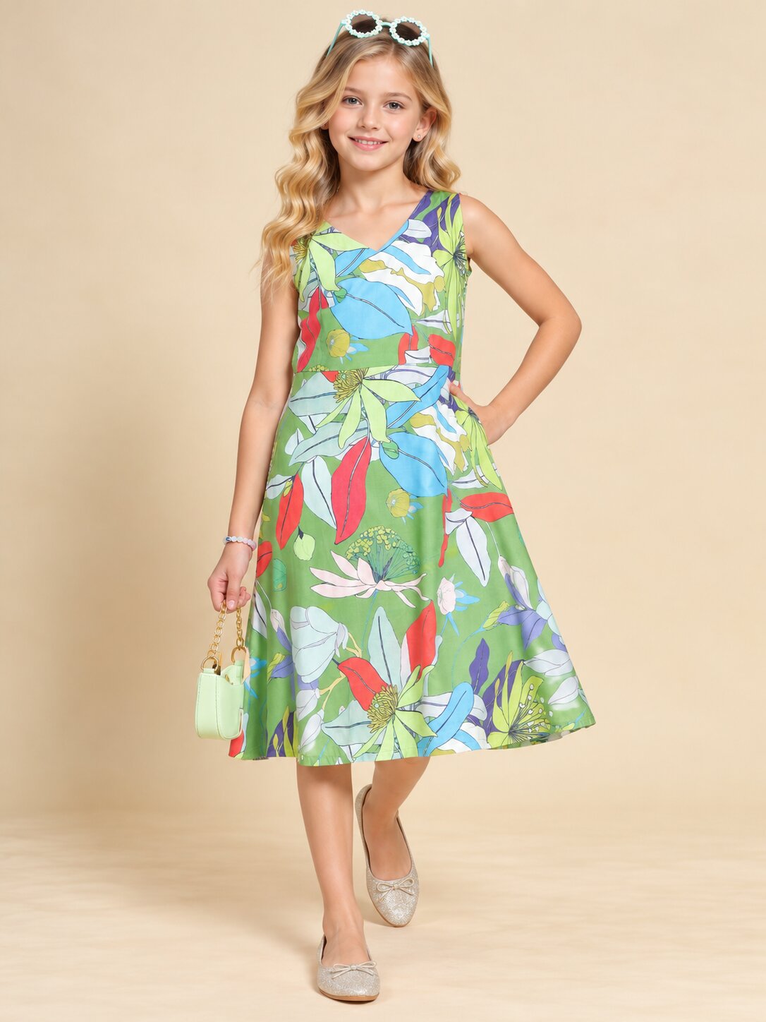 Girls Green Ethnic Motifs Digital Print Fit and Flare Midi Dress
