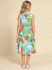 Girls Green Ethnic Motifs Digital Print Fit and Flare Midi Dress