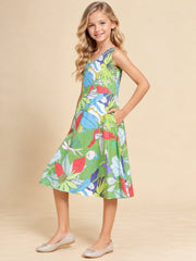 Girls Green Ethnic Motifs Digital Print Fit and Flare Midi Dress