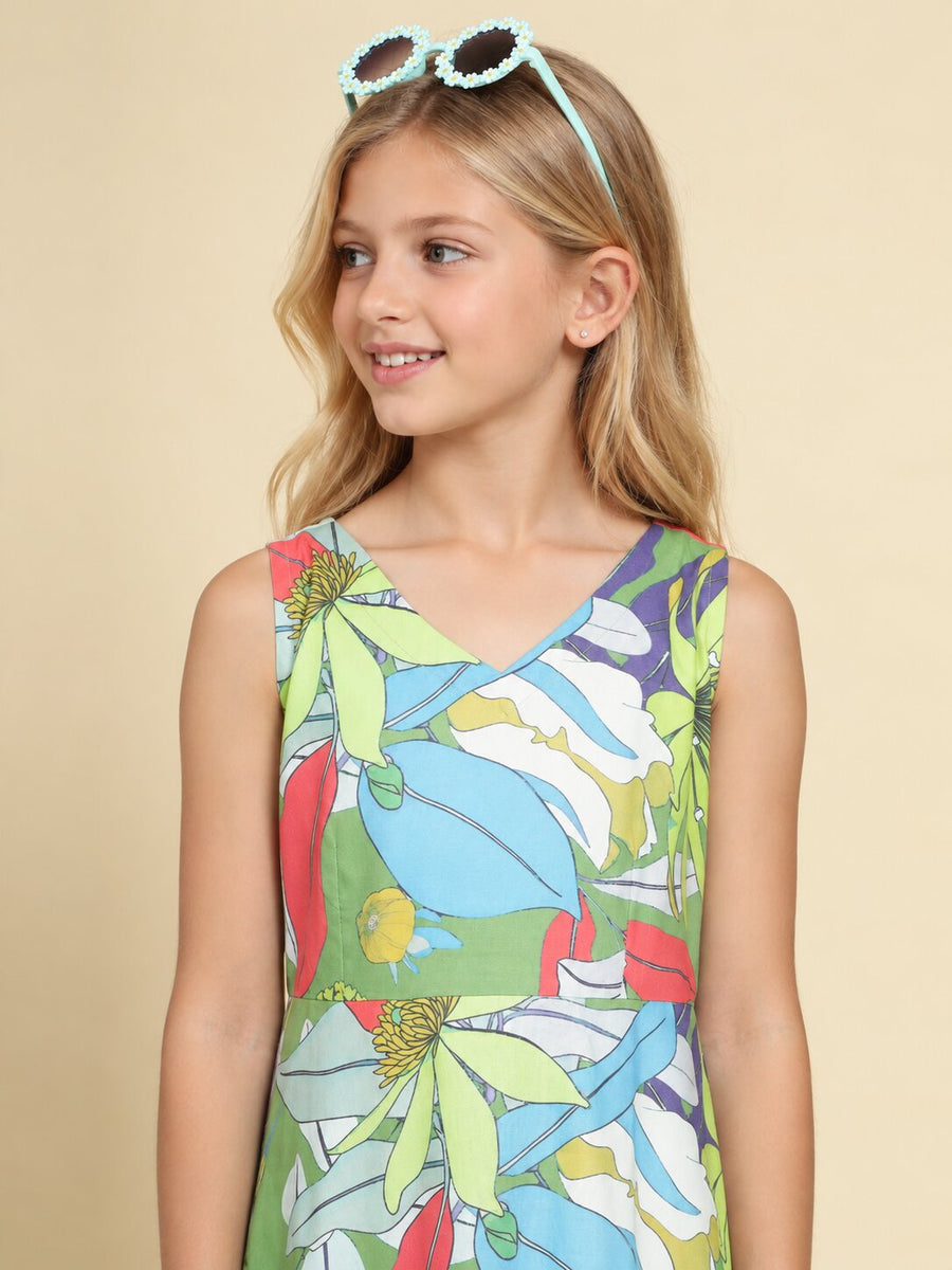 Girls Green Ethnic Motifs Digital Print Fit and Flare Midi Dress