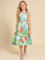 Girls Green Ethnic Motifs Digital Print Fit and Flare Midi Dress