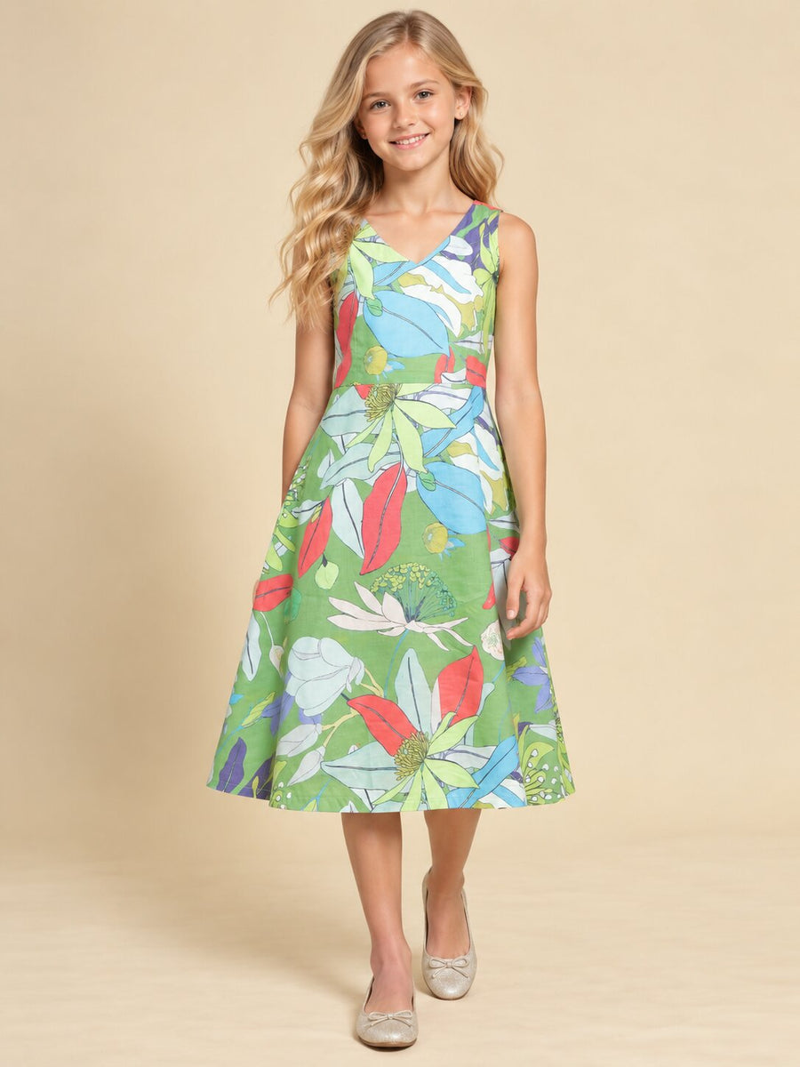 Girls Green Ethnic Motifs Digital Print Fit and Flare Midi Dress