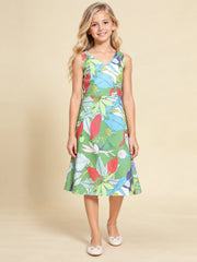 Girls Green Ethnic Motifs Digital Print Fit and Flare Midi Dress