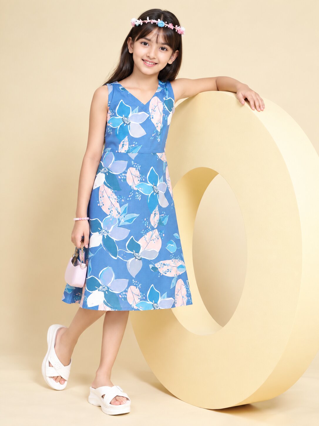 Girls Blue Ethnic Motifs Digital Print Fit and Flare Midi Dress