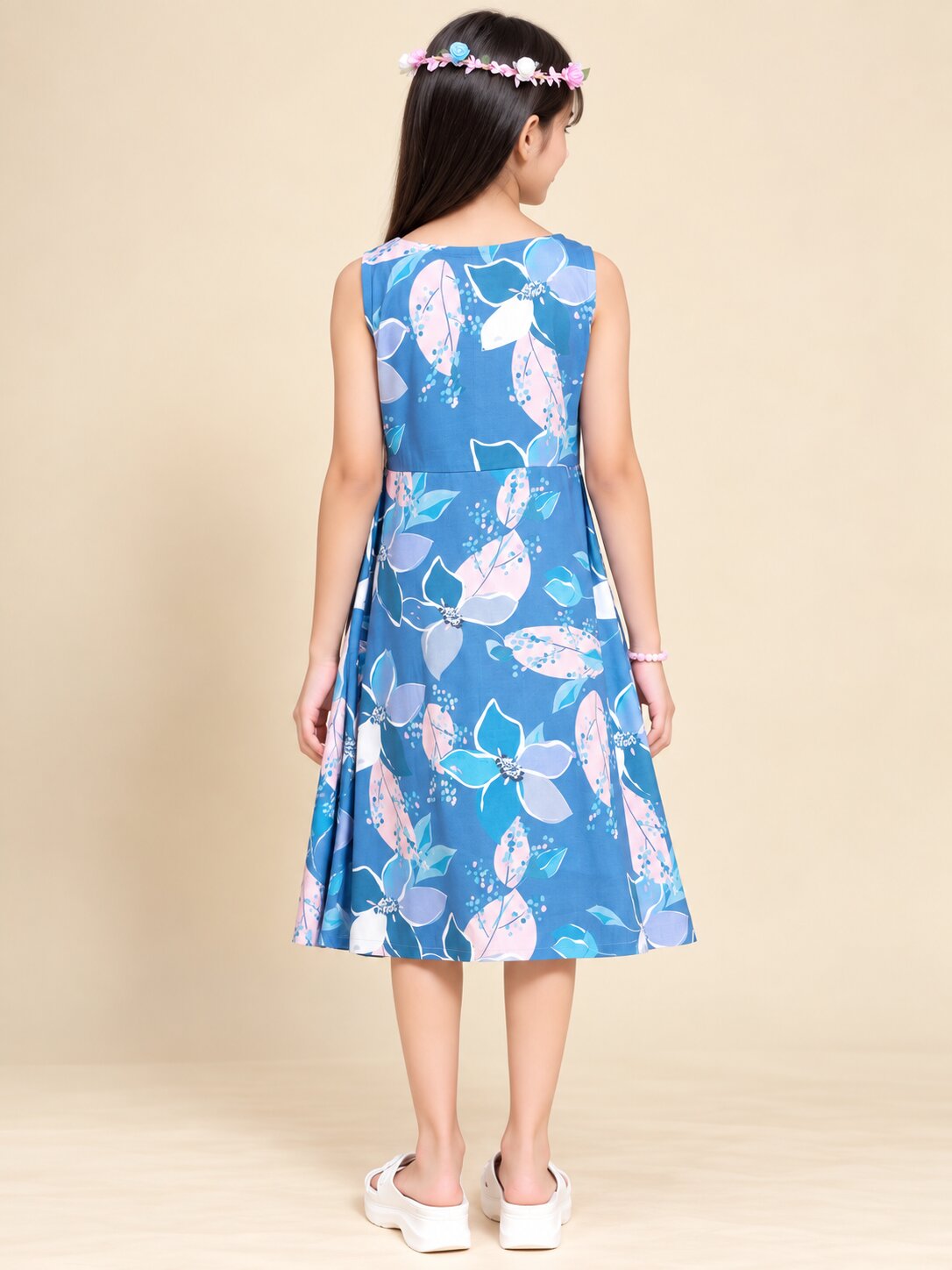 Girls Blue Ethnic Motifs Digital Print Fit and Flare Midi Dress