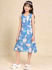 Girls Blue Ethnic Motifs Digital Print Fit and Flare Midi Dress
