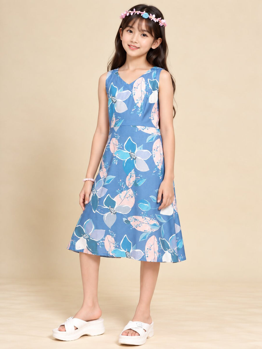Girls Blue Ethnic Motifs Digital Print Fit and Flare Midi Dress