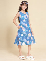 Girls Blue Ethnic Motifs Digital Print Fit and Flare Midi Dress