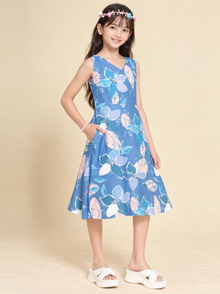 Girls Blue Ethnic Motifs Digital Print Fit and Flare Midi Dress