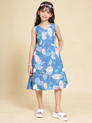 Girls Blue Ethnic Motifs Digital Print Fit and Flare Midi Dress