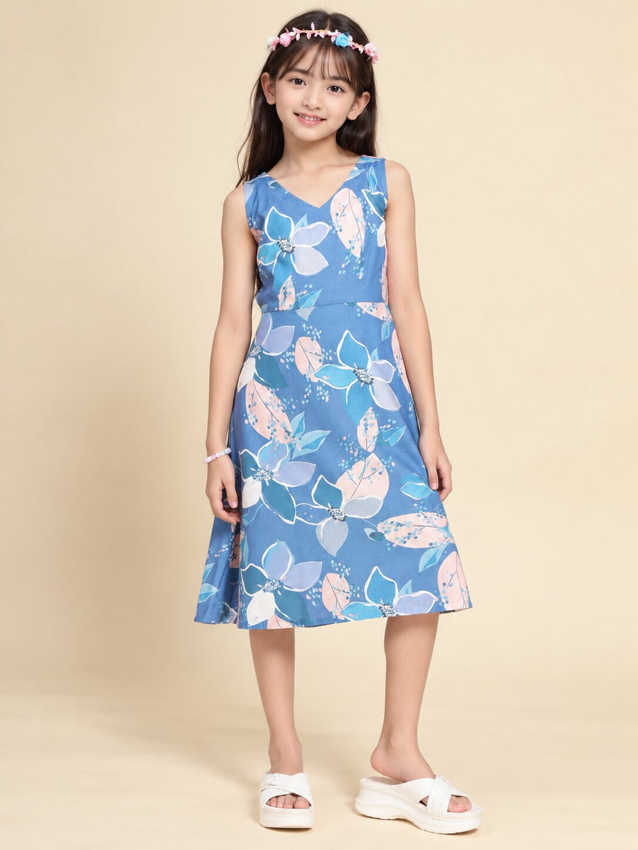 Girls Blue Ethnic Motifs Digital Print Fit and Flare Midi Dress