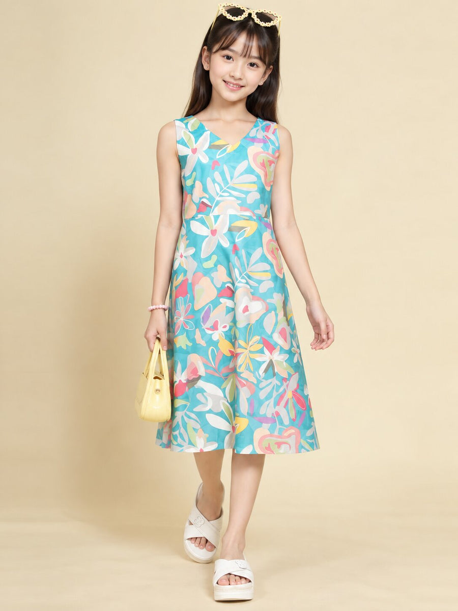 Girls Teal Ethnic Motifs Digital Print Fit and Flare Midi Dress