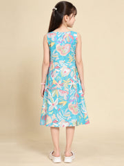 Girls Teal Ethnic Motifs Digital Print Fit and Flare Midi Dress