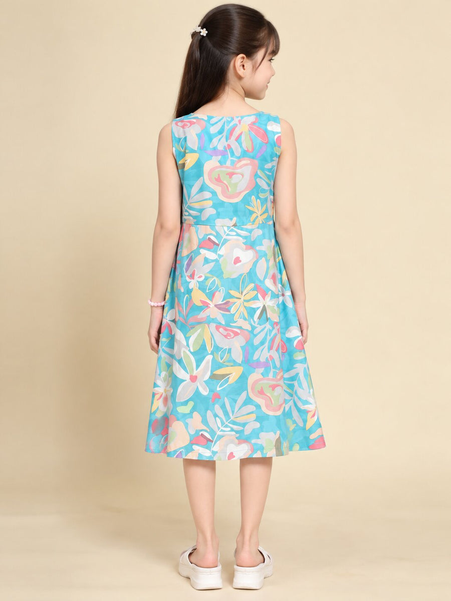 Girls Teal Ethnic Motifs Digital Print Fit and Flare Midi Dress