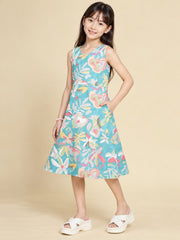 Girls Teal Ethnic Motifs Digital Print Fit and Flare Midi Dress