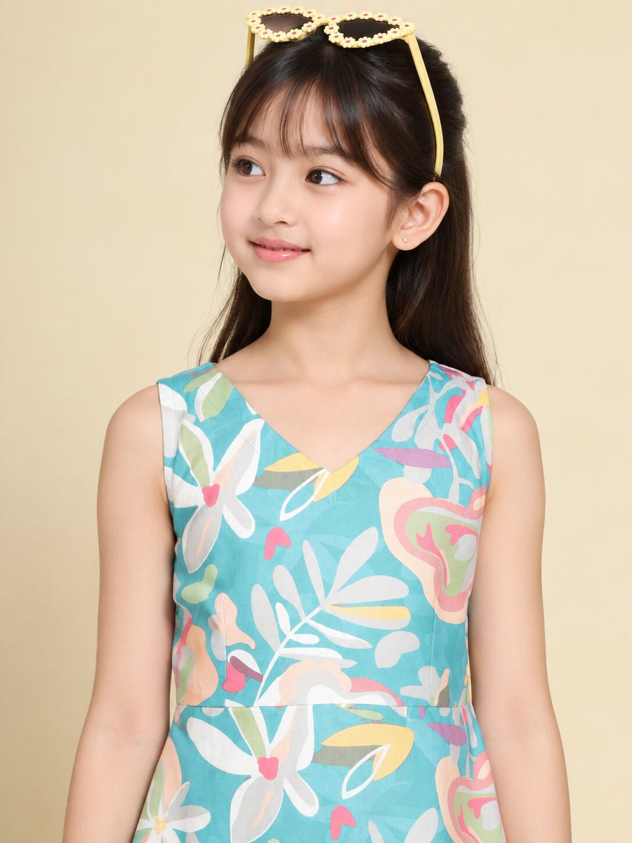 Girls Teal Ethnic Motifs Digital Print Fit and Flare Midi Dress