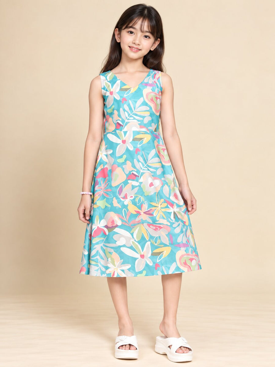 Girls Teal Ethnic Motifs Digital Print Fit and Flare Midi Dress