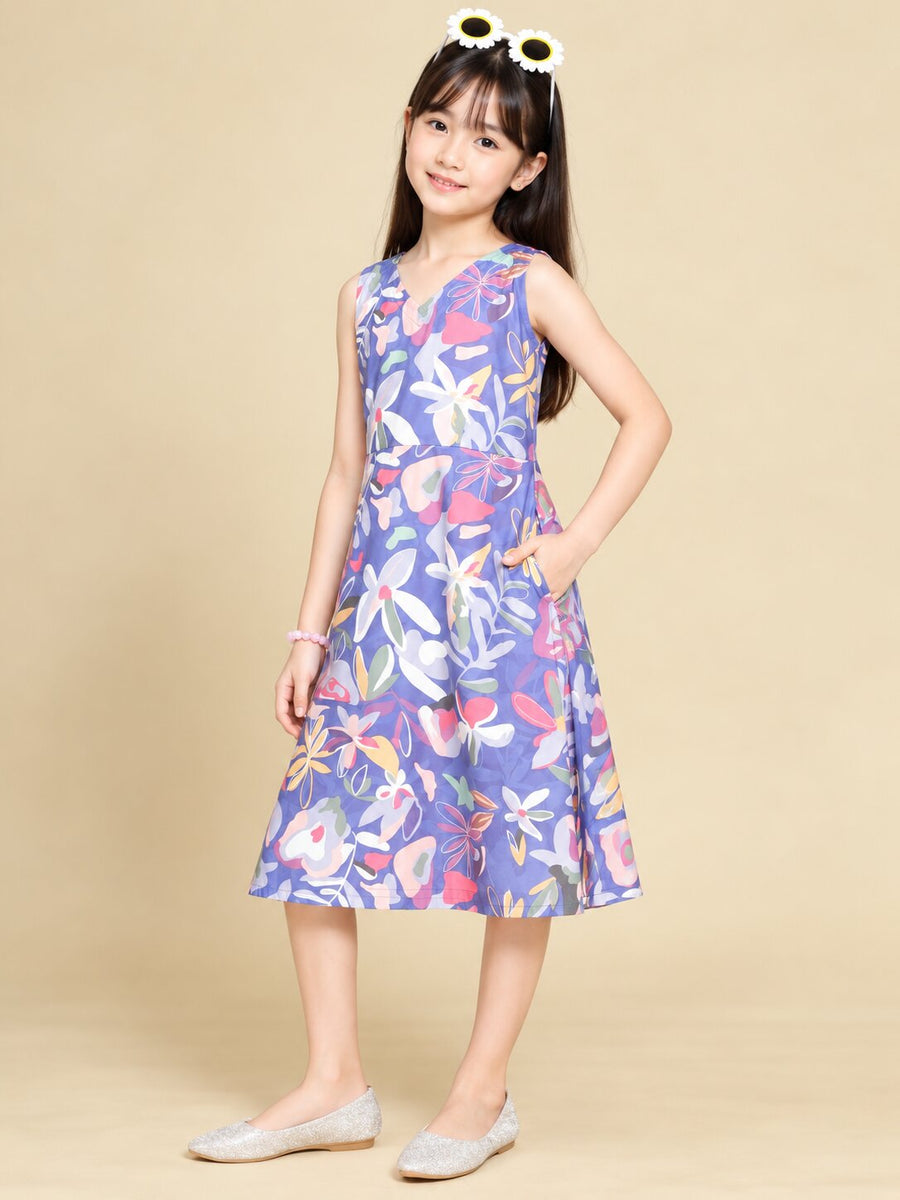 Girls Purple Ethnic Motifs Digital Print Fit and Flare Midi Dress