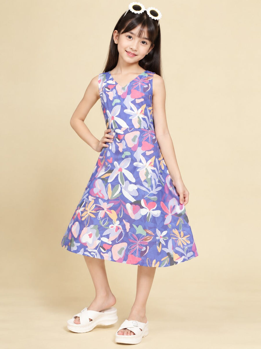 Girls Purple Ethnic Motifs Digital Print Fit and Flare Midi Dress