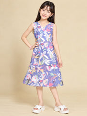 Girls Purple Ethnic Motifs Digital Print Fit and Flare Midi Dress