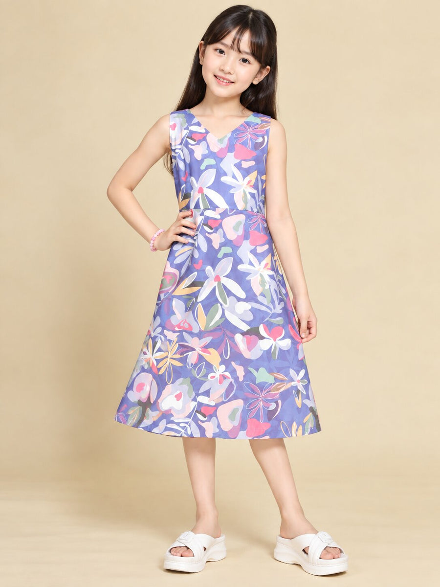 Girls Purple Ethnic Motifs Digital Print Fit and Flare Midi Dress