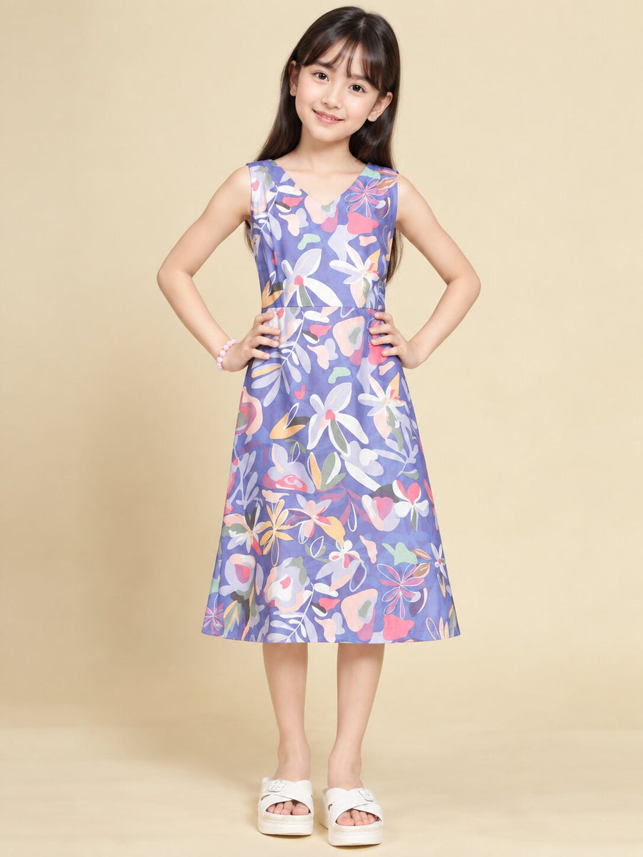 Girls Purple Ethnic Motifs Digital Print Fit and Flare Midi Dress