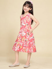 Girls Red Ethnic Motifs Digital Print Fit and Flare Midi Dress