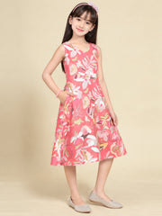 Girls Red Ethnic Motifs Digital Print Fit and Flare Midi Dress
