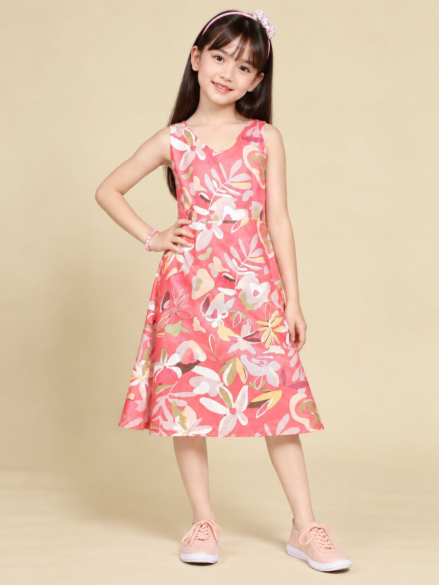 Girls Red Ethnic Motifs Digital Print Fit and Flare Midi Dress