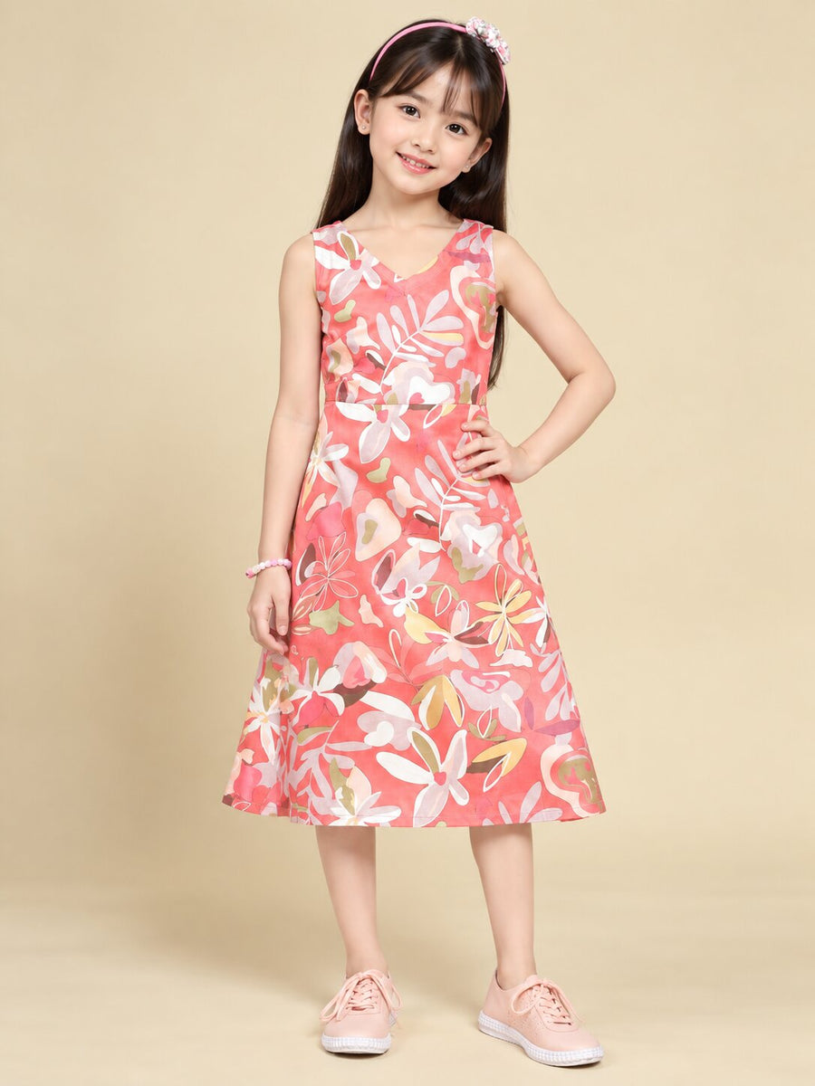 Girls Red Ethnic Motifs Digital Print Fit and Flare Midi Dress