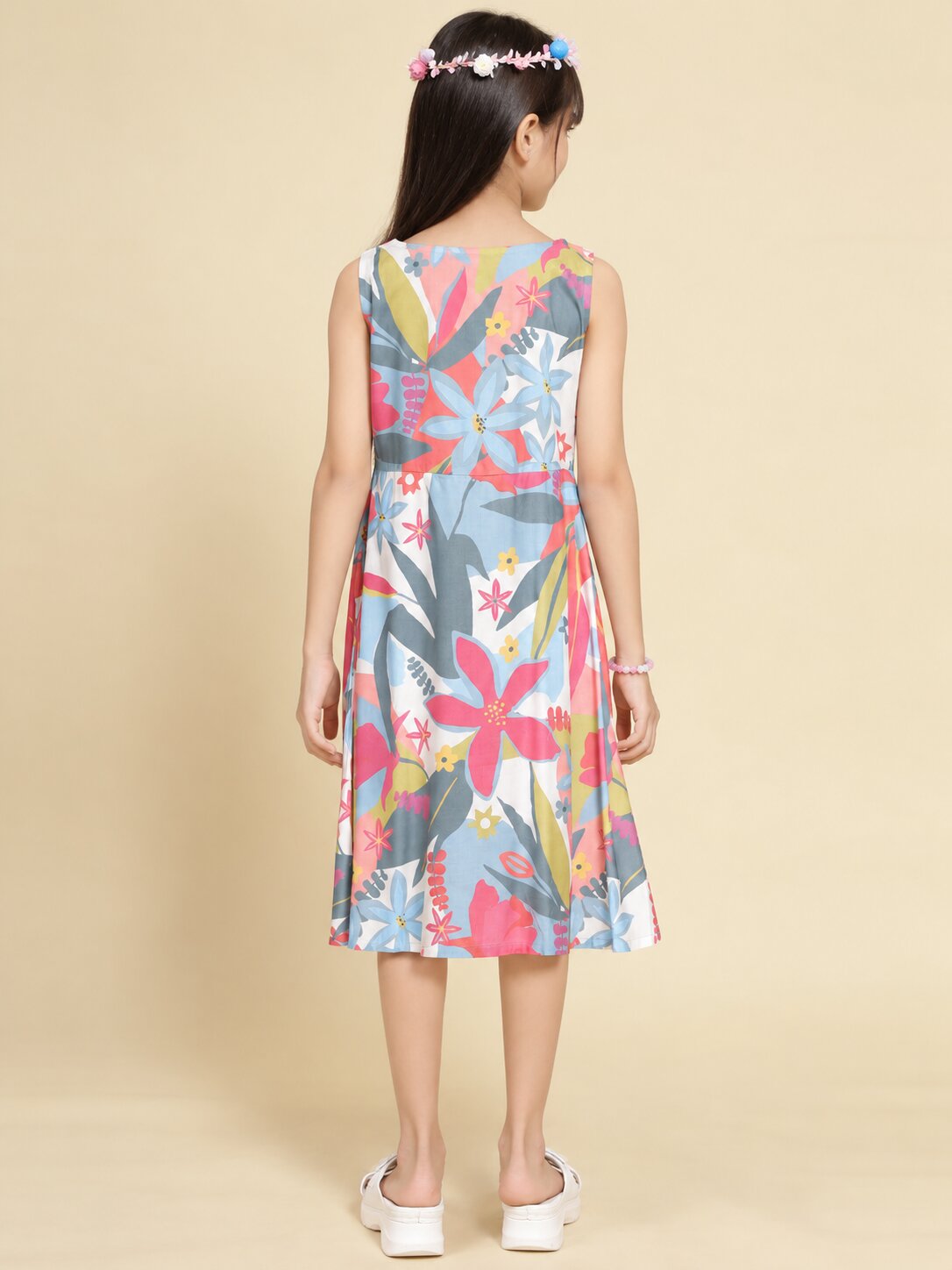 Girls White Ethnic Motifs Digital Print Fit and Flare Midi Dress