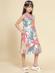 Girls White Ethnic Motifs Digital Print Fit and Flare Midi Dress