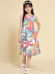 Girls White Ethnic Motifs Digital Print Fit and Flare Midi Dress