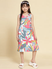 Girls White Ethnic Motifs Digital Print Fit and Flare Midi Dress