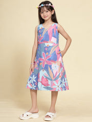Girls Lavender Ethnic Motifs Digital Print Fit and Flare Midi Dress