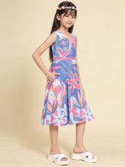 Girls Lavender Ethnic Motifs Digital Print Fit and Flare Midi Dress