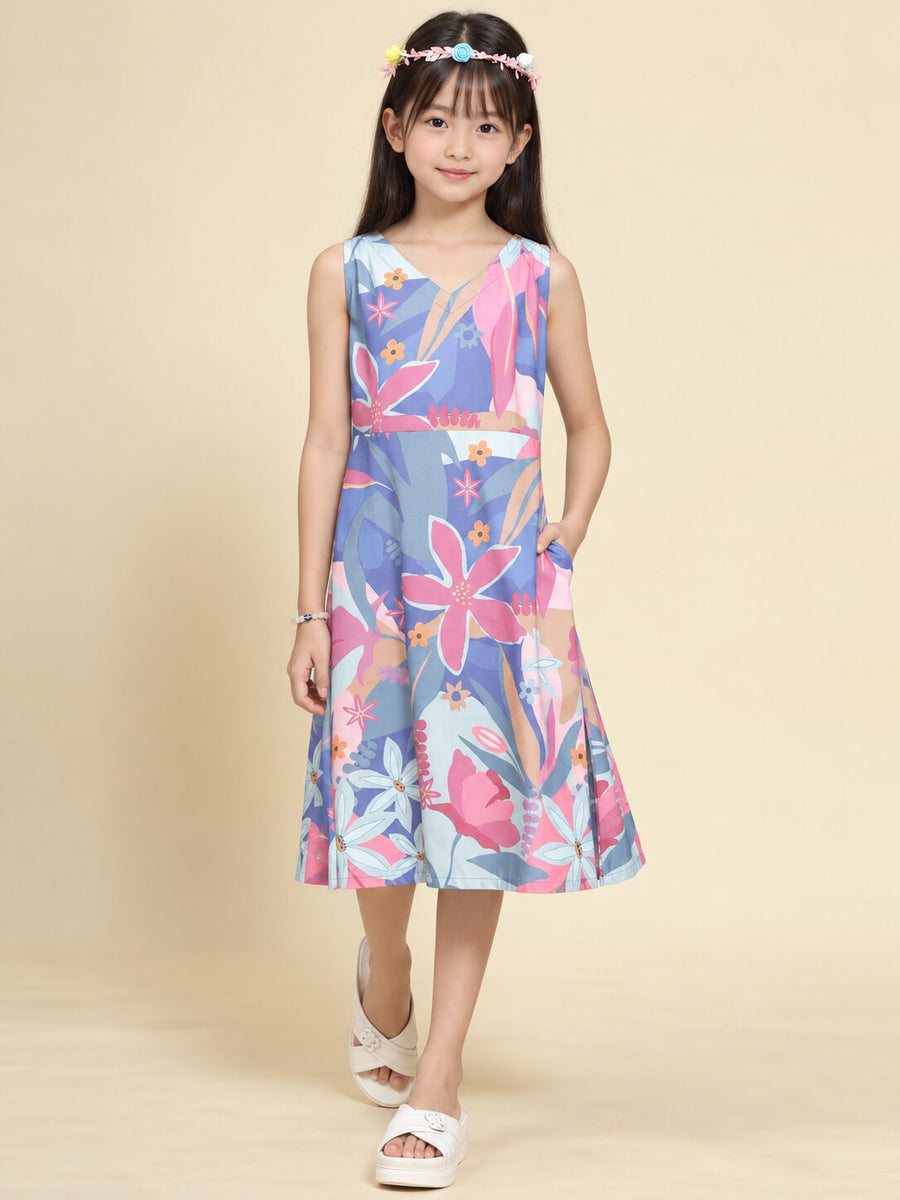 Girls Lavender Ethnic Motifs Digital Print Fit and Flare Midi Dress