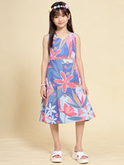 Girls Lavender Ethnic Motifs Digital Print Fit and Flare Midi Dress