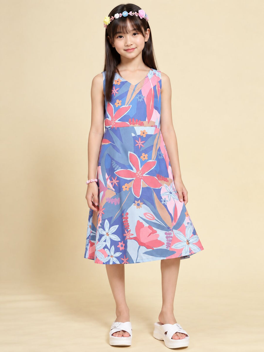 Girls Lavender Ethnic Motifs Digital Print Fit and Flare Midi Dress
