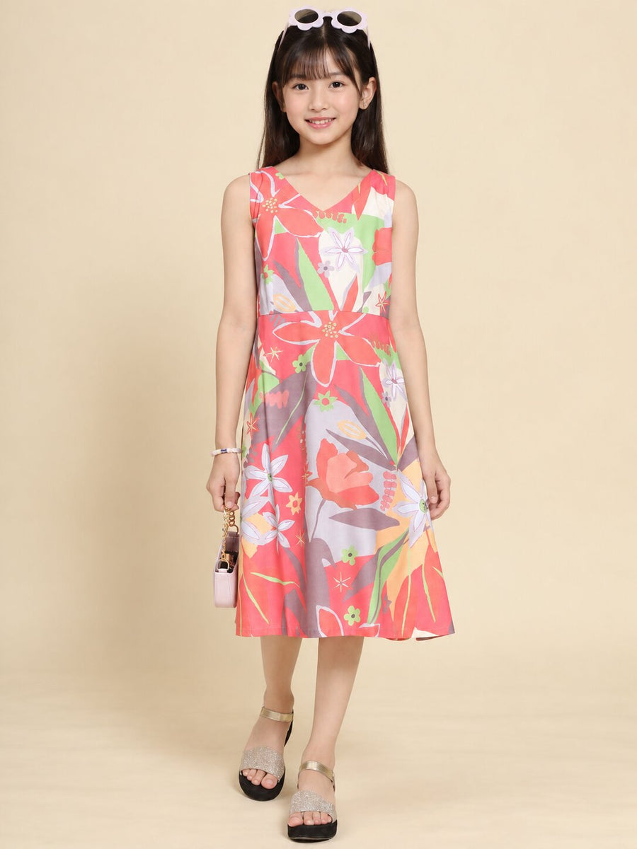 Girls Red Ethnic Motifs Digital Print Fit and Flare Midi Dress